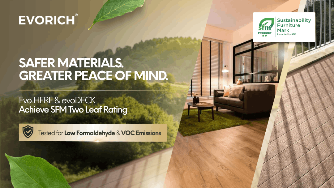 Evo HERF and evoDECK achieving the Sustainability Furniture Mark Two Leaf Rating, tested for low formaldehyde and VOC emissions