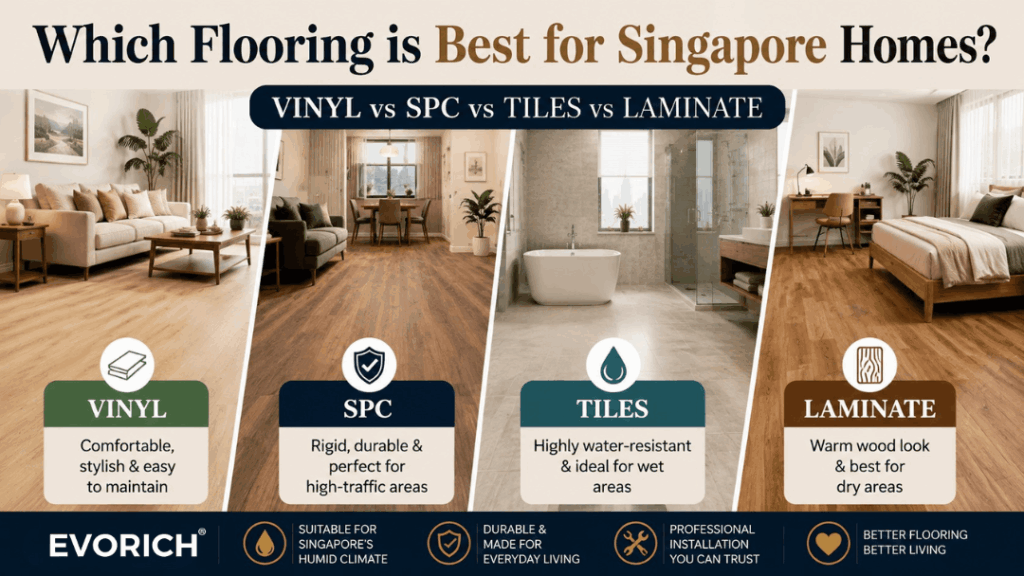 Side-by-side comparison of vinyl flooring, SPC flooring, tile flooring, and laminate flooring for different areas of a Singapore home.
