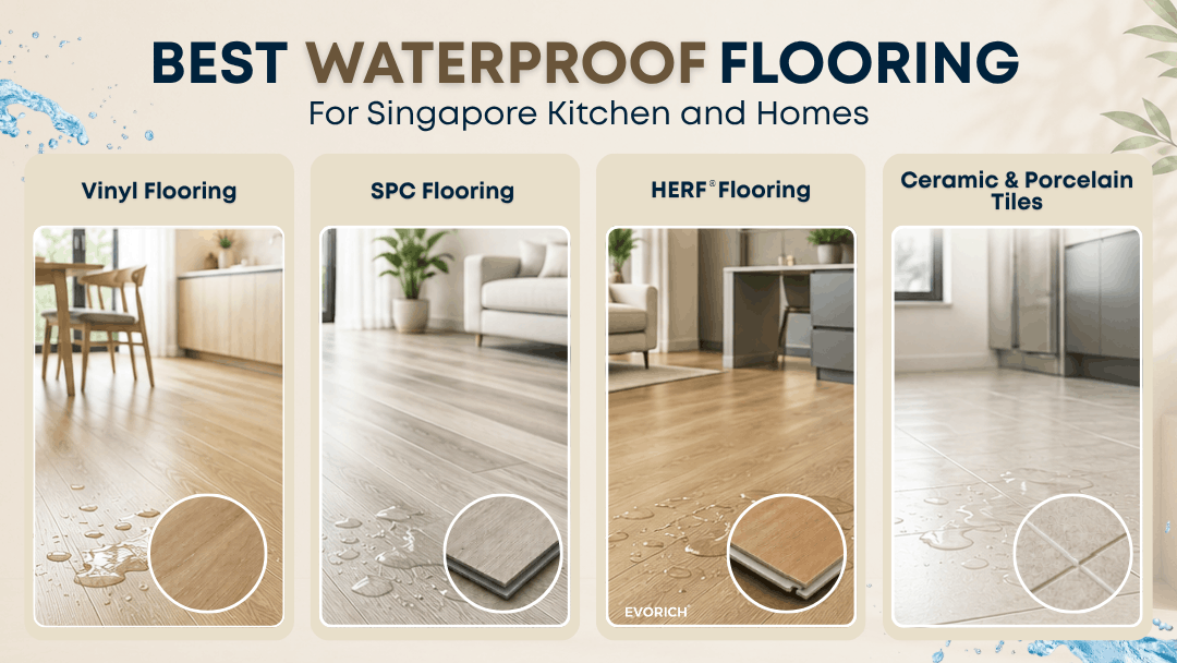 Comparison of vinyl, SPC, HERF and ceramic or porcelain tiles as waterproof flooring options for Singapore kitchens and homes.