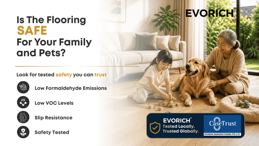 Vinyl flooring safety considerations for families and pets, including low formaldehyde emissions, low VOC levels and slip resistance.