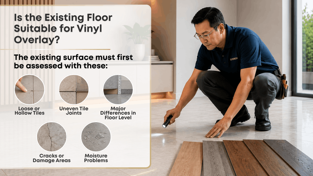 Existing floor assessment for vinyl overlay installation, checking loose tiles, uneven joints, floor level differences, cracks and moisture problems.