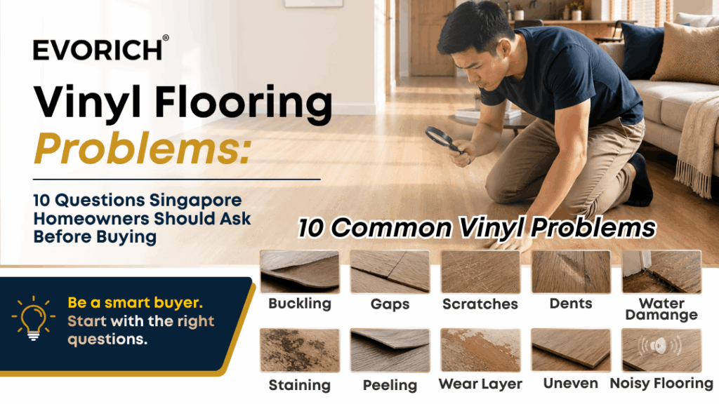 Common vinyl flooring problems Singapore homeowners should consider before buying, including buckling, gaps, scratches, dents, water damage, peeling, wear and staining.