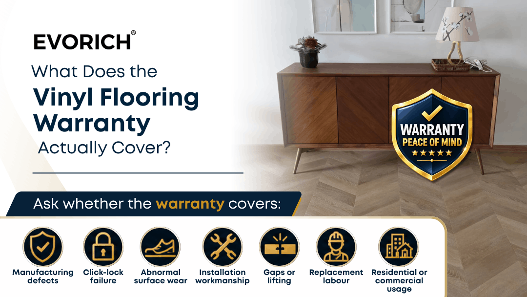 Vinyl flooring warranty coverage including manufacturing defects, click-lock failure, surface wear, installation workmanship, gaps and replacement labour.