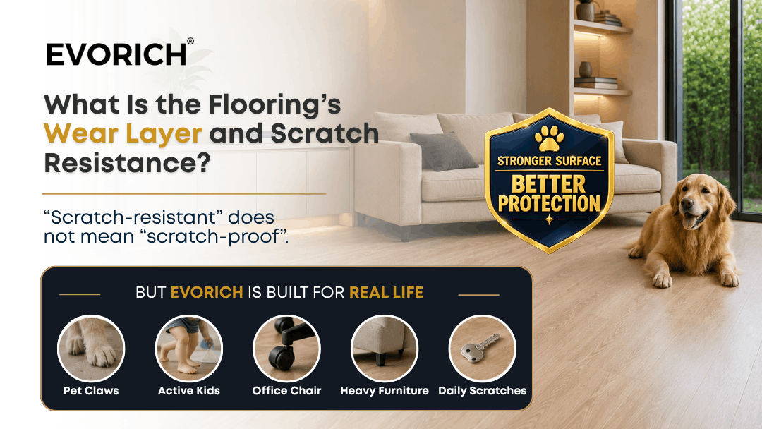 Vinyl flooring wear layer and scratch resistance designed to withstand pet claws, active children, office chairs and heavy furniture.