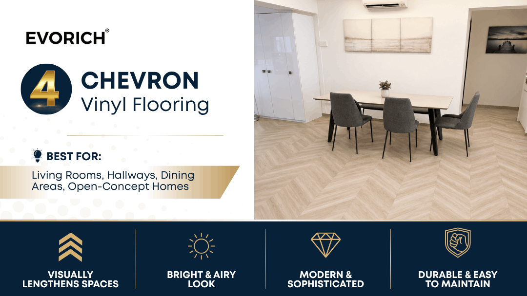 Chevron vinyl flooring that visually lengthens spaces and creates a bright, airy and sophisticated look in Singapore homes.