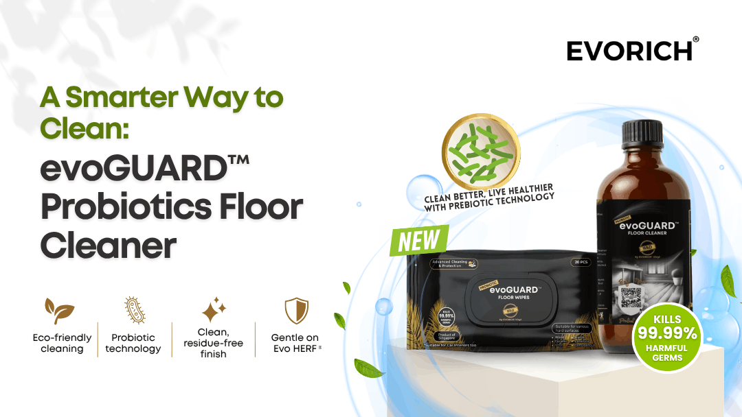 evoGUARD Probiotics Floor Cleaner providing eco-friendly cleaning with probiotic technology and a residue-free finish for Evo HERF flooring.