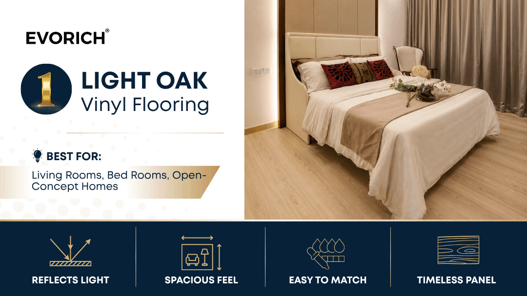 Light oak vinyl flooring that reflects light and creates a spacious feel in Singapore living rooms, bedrooms and open-concept homes.