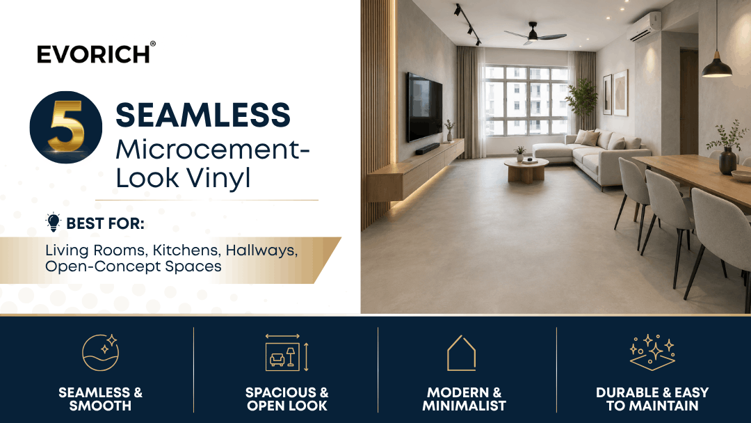 Seamless microcement-look vinyl flooring creating a smooth, spacious and minimalist appearance in Singapore living spaces and kitchens.