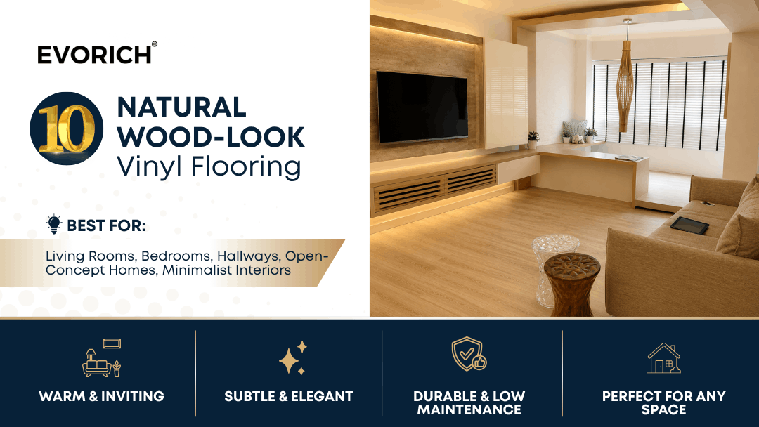 Natural wood-look vinyl flooring that creates a warm and inviting interior with a subtle, elegant and low-maintenance finish.