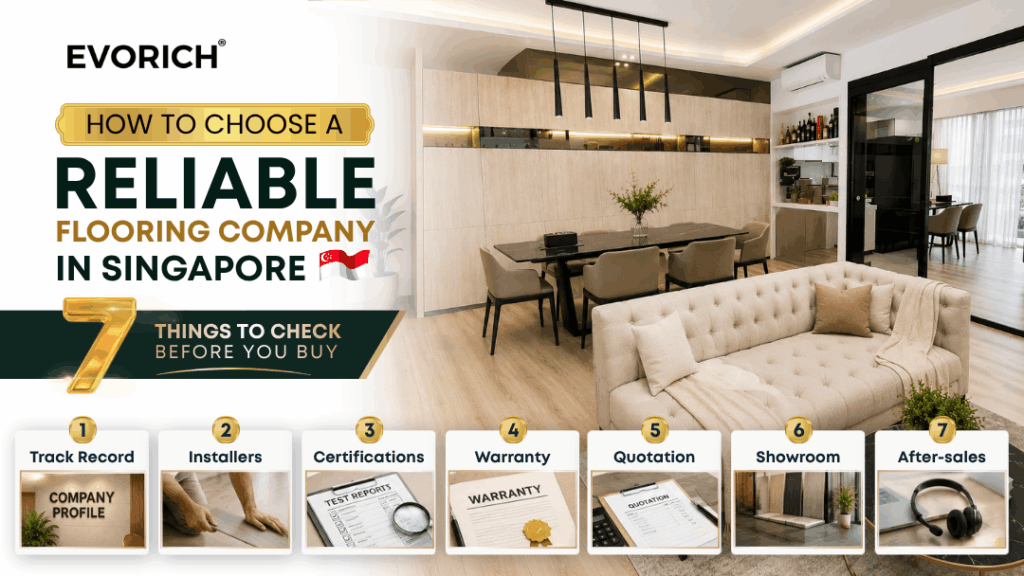 Things to check when choosing a reliable flooring company in Singapore, including experience, certifications, installers, warranty, quotation, showroom and after-sales support.