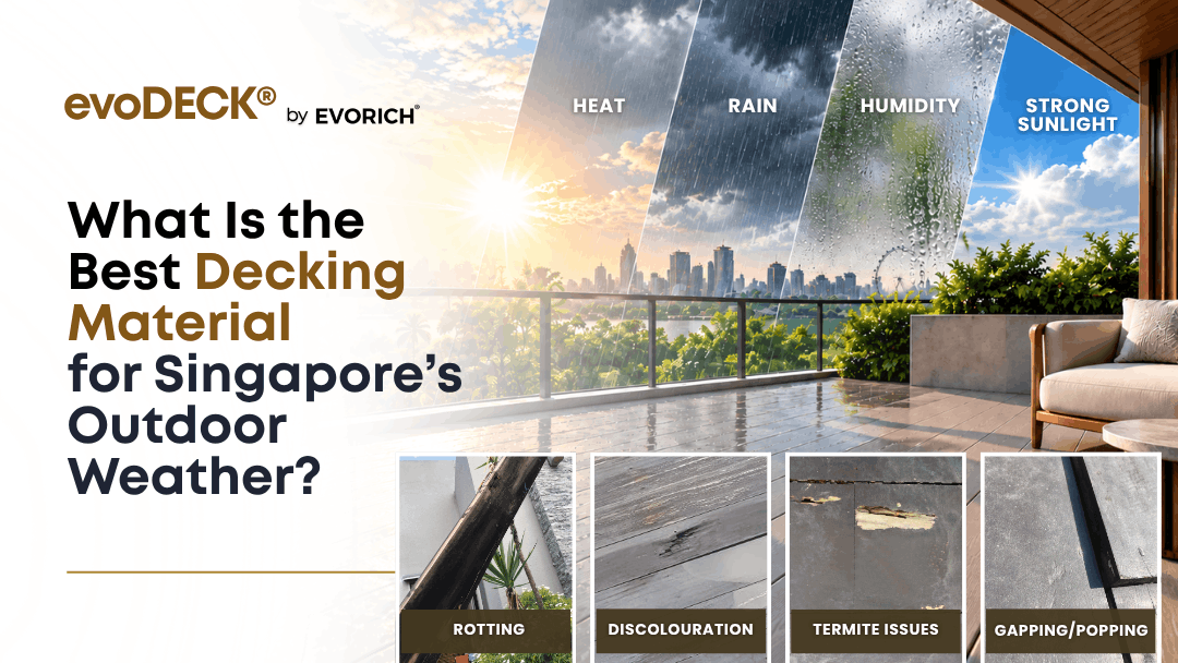 Best decking material for Singapore's outdoor weather, addressing rain, humidity, strong sunlight, heat, termites, rotting, discolouration and gapping.