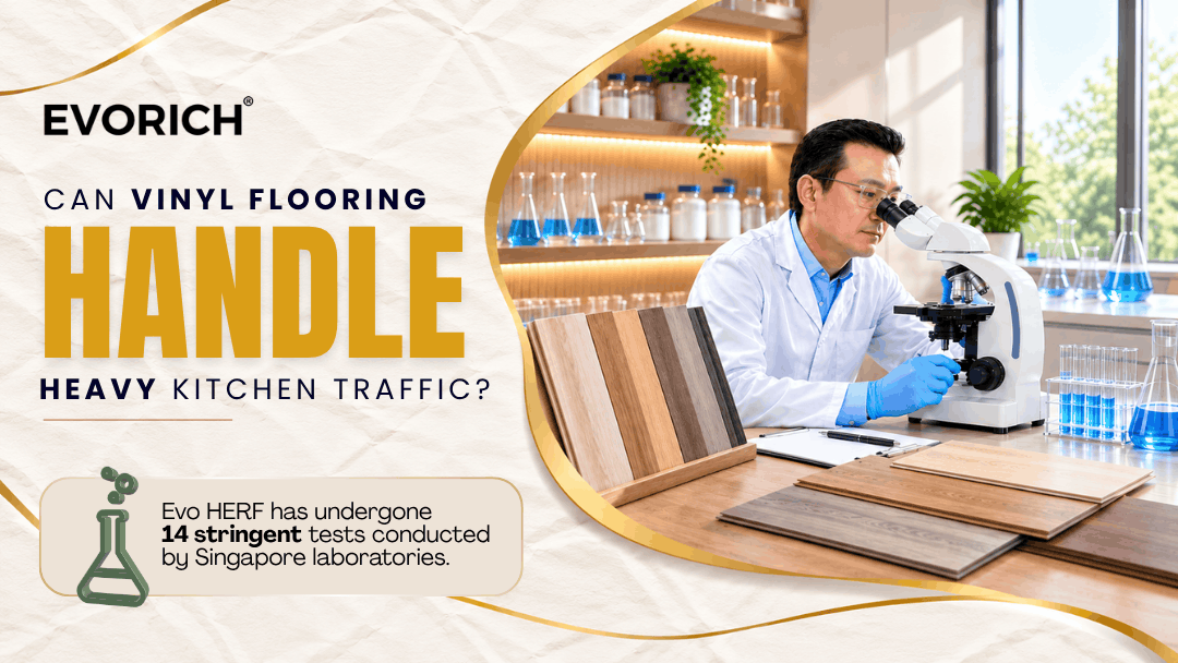 Vinyl flooring for busy kitchens, focusing on durability and its suitability for areas with frequent foot traffic.