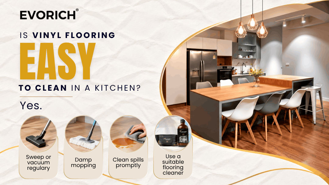 Vinyl kitchen flooring and routine cleaning considerations for managing food spills, dirt and everyday mess.
