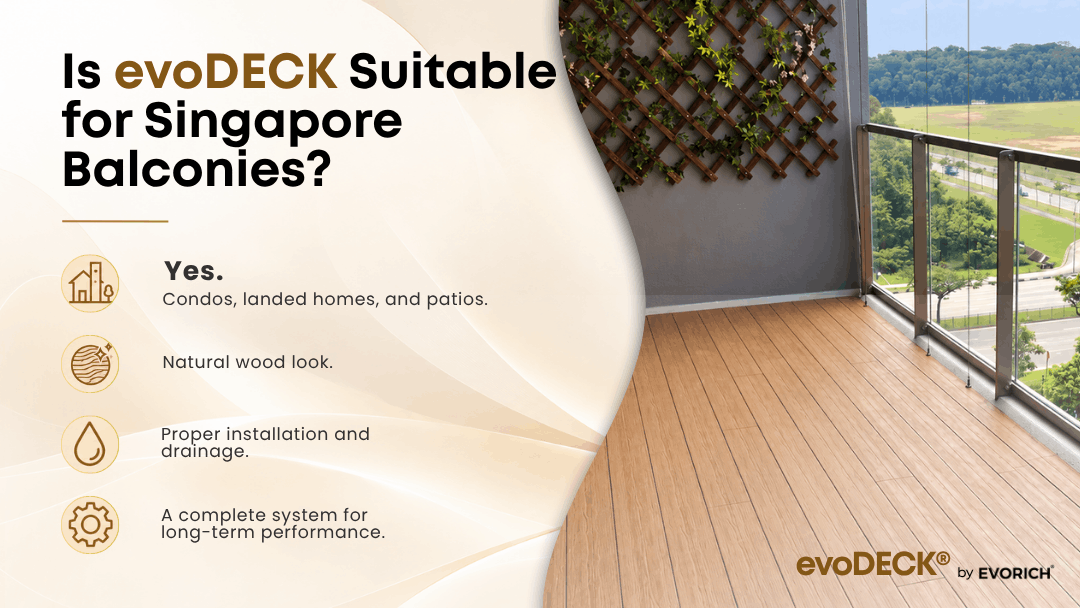 evoDECK balcony decking for Singapore condominiums, landed homes and patios, combining a natural wood look with proper installation and drainage.