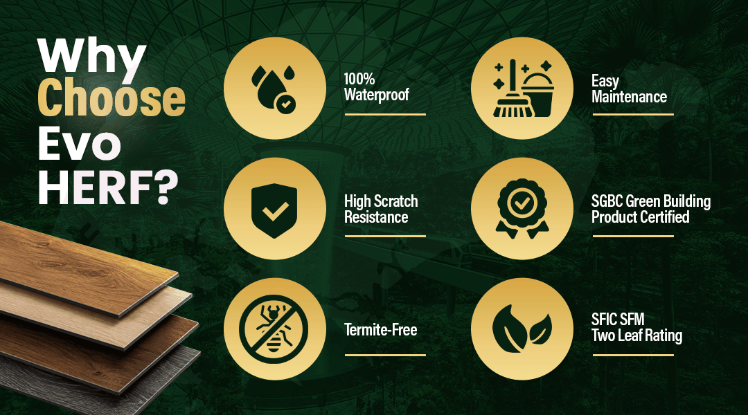 Key features of EVORICH evoHERF flooring, including waterproof construction, easy maintenance, scratch resistance, termite-free properties and green building certification.