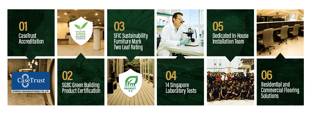 EVORICH flooring solutions for residential and commercial properties in Singapore, highlighting its range of flooring options for different spaces.
