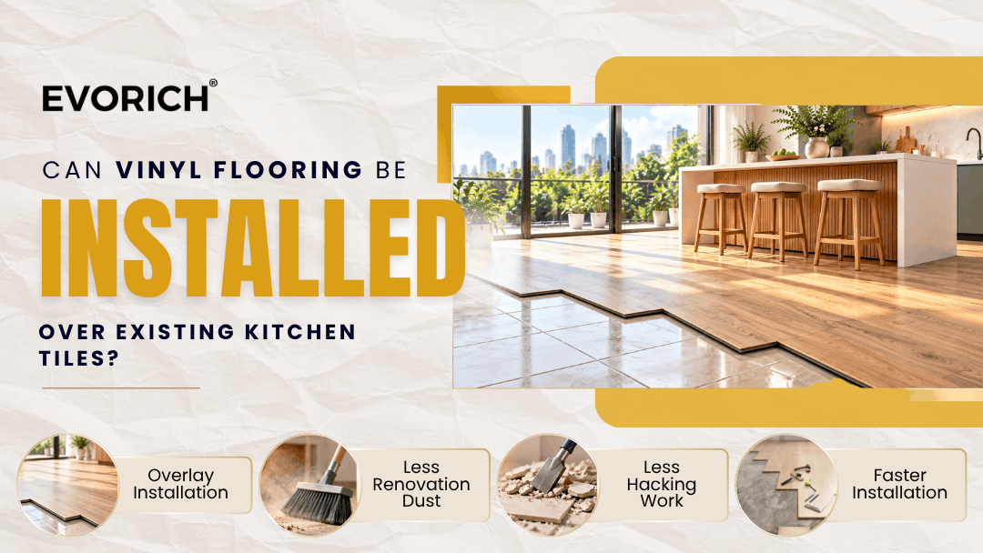 Installing vinyl flooring over existing kitchen tiles, including surface condition and preparation considerations.