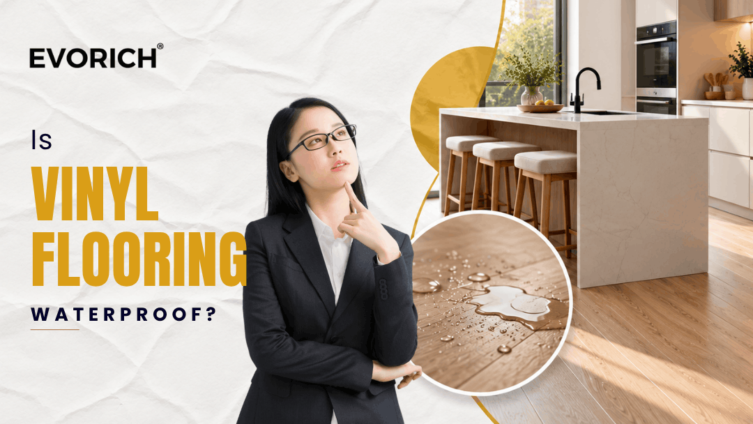 Explains the water-resistant and waterproof properties of vinyl flooring and what to consider when using it in a kitchen.