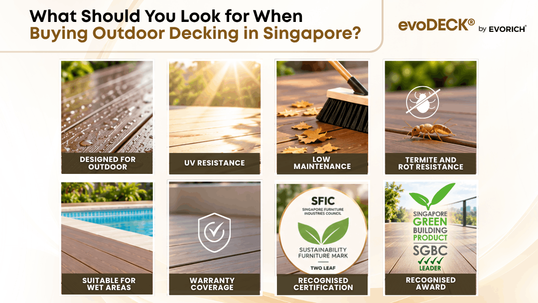 Outdoor decking buying guide for Singapore covering wet-area suitability, UV resistance, low maintenance, termite and rot resistance, warranty and recognised certifications.