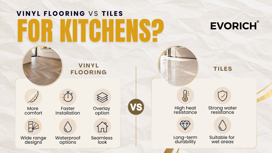 Comparison of vinyl flooring and tiles for kitchens, covering maintenance, comfort, durability and practical use.