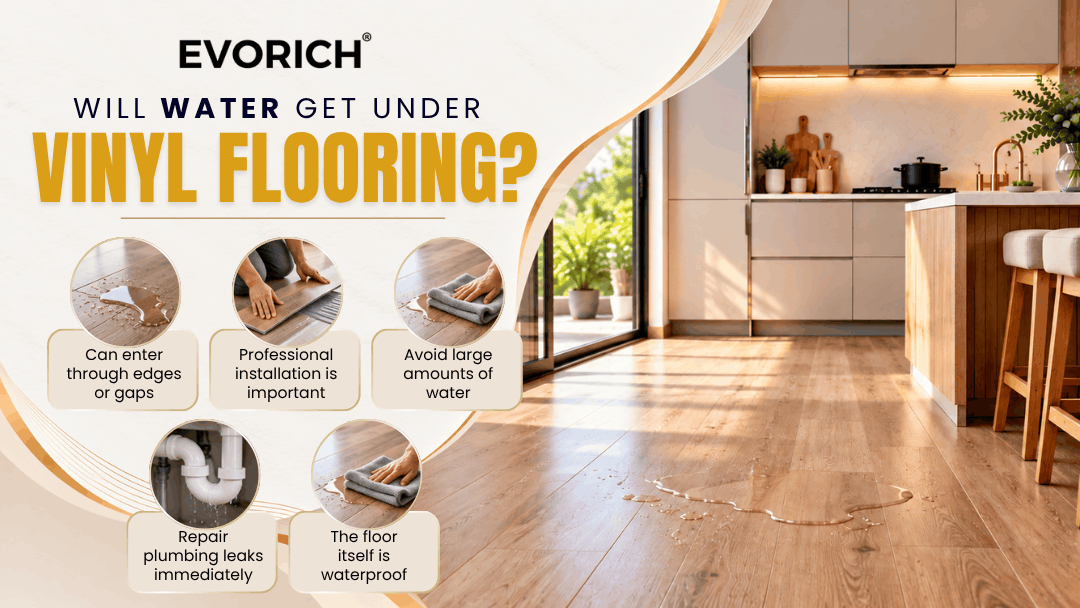 Explains how water may seep beneath vinyl flooring through seams, edges or installation gaps in a kitchen.